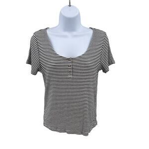 American Eagle Black White Stripe Top Womens L Slim Fit Short Sleeve Scoop Neck